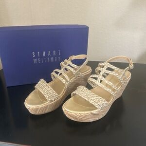 Stuart Weitzman Summer Lalone Raffia Wedge Sandals. Size 7N